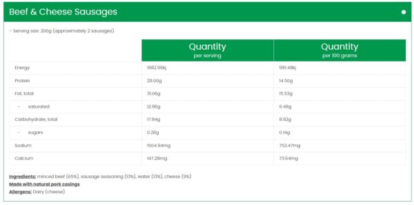 Beef Cheese Sausage Nutritional Info